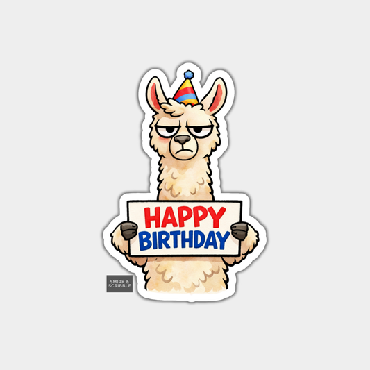 Sticker of a llama wearing a party hat and holding a 'Happy Birthday' sign on a light gray background.