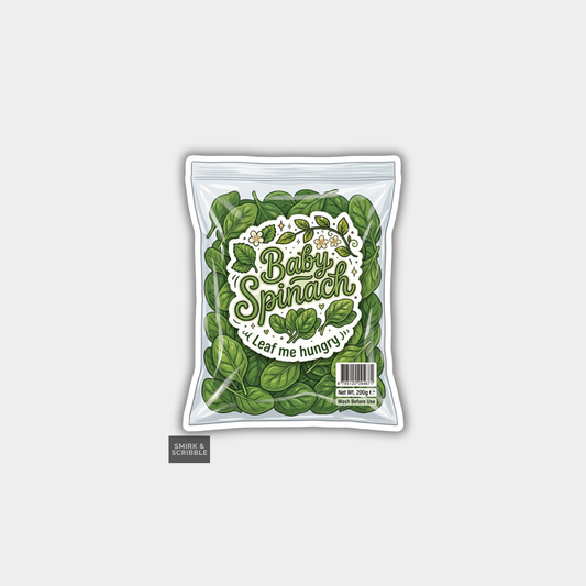 Packaged baby spinach with a decorative label on a light gray background