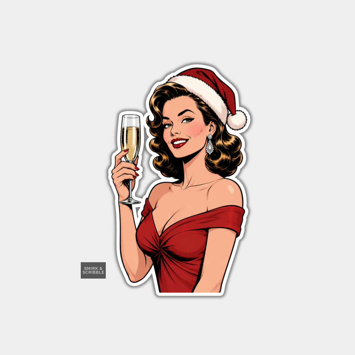 Funny Christmas Sticker - Champagne Woman In Santa Hat