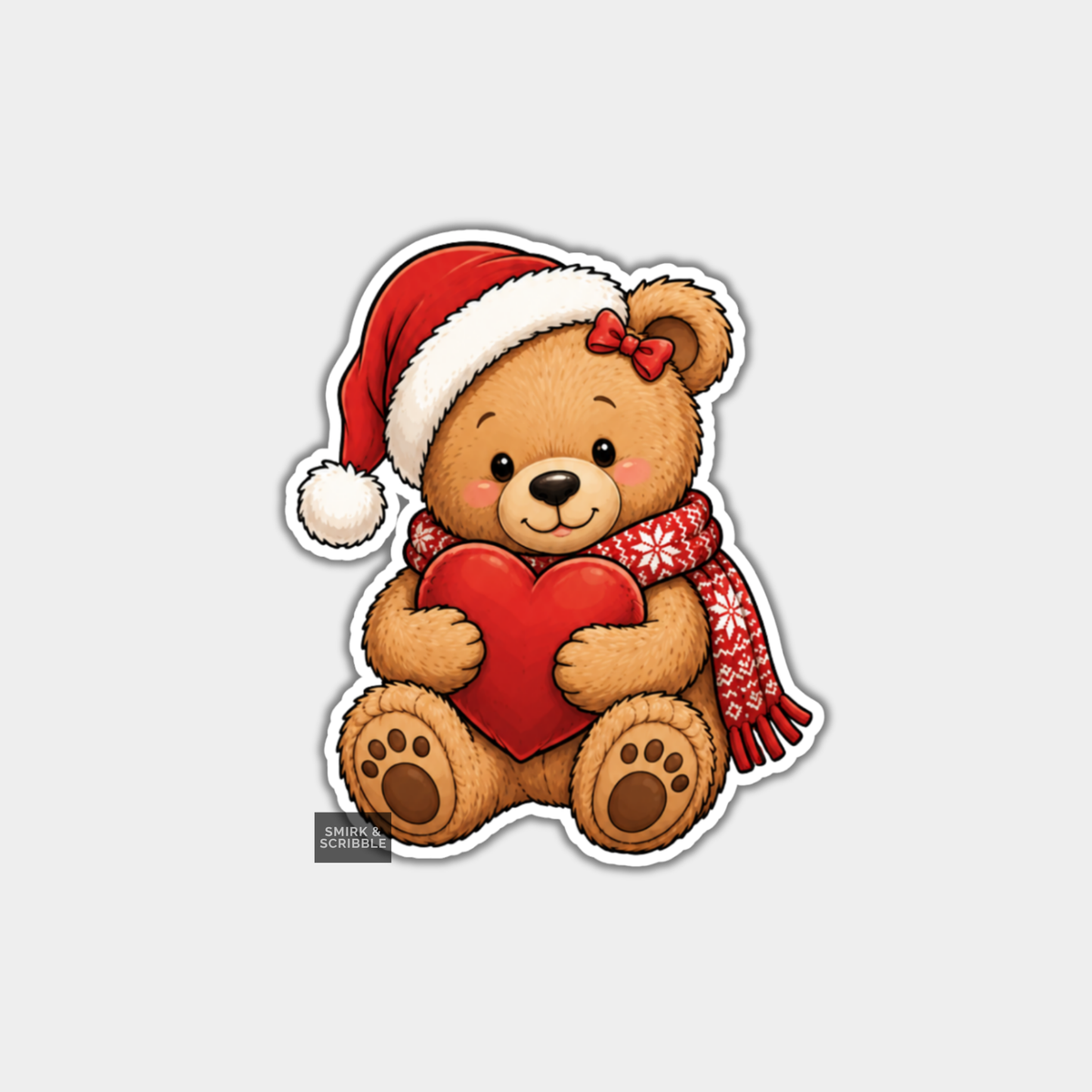 Funny Christmas Sticker - Cute Teddy Bear & Love Heart