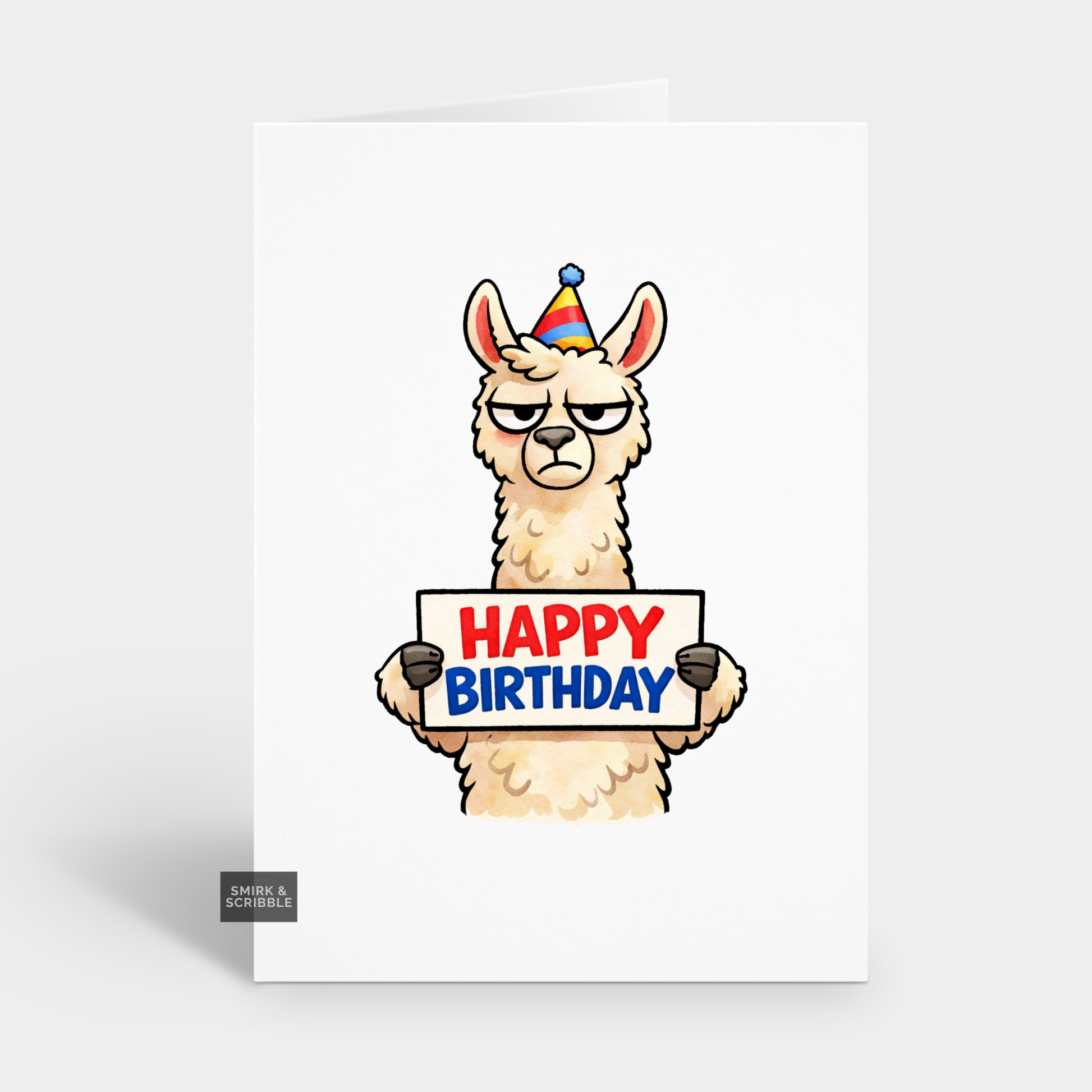 Cartoon llama wearing a party hat holding a 'Happy Birthday' sign on a white background