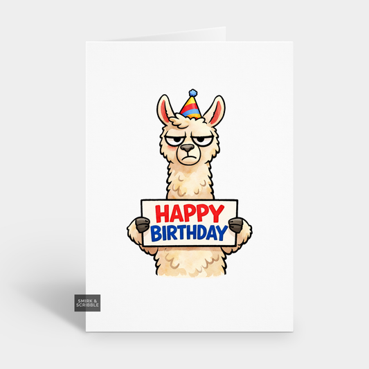 Cartoon llama wearing a party hat holding a 'Happy Birthday' sign on a white background