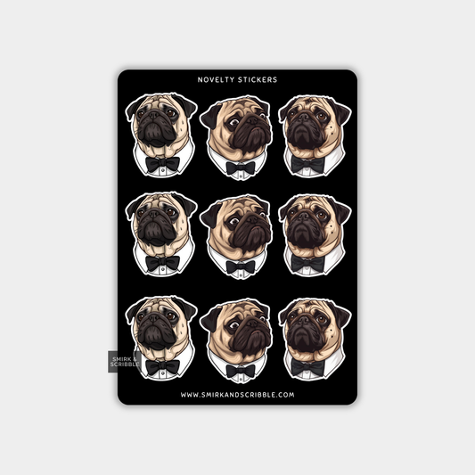Funny Vinyl Sticker Sheet - Bow Tie Pug Assorted