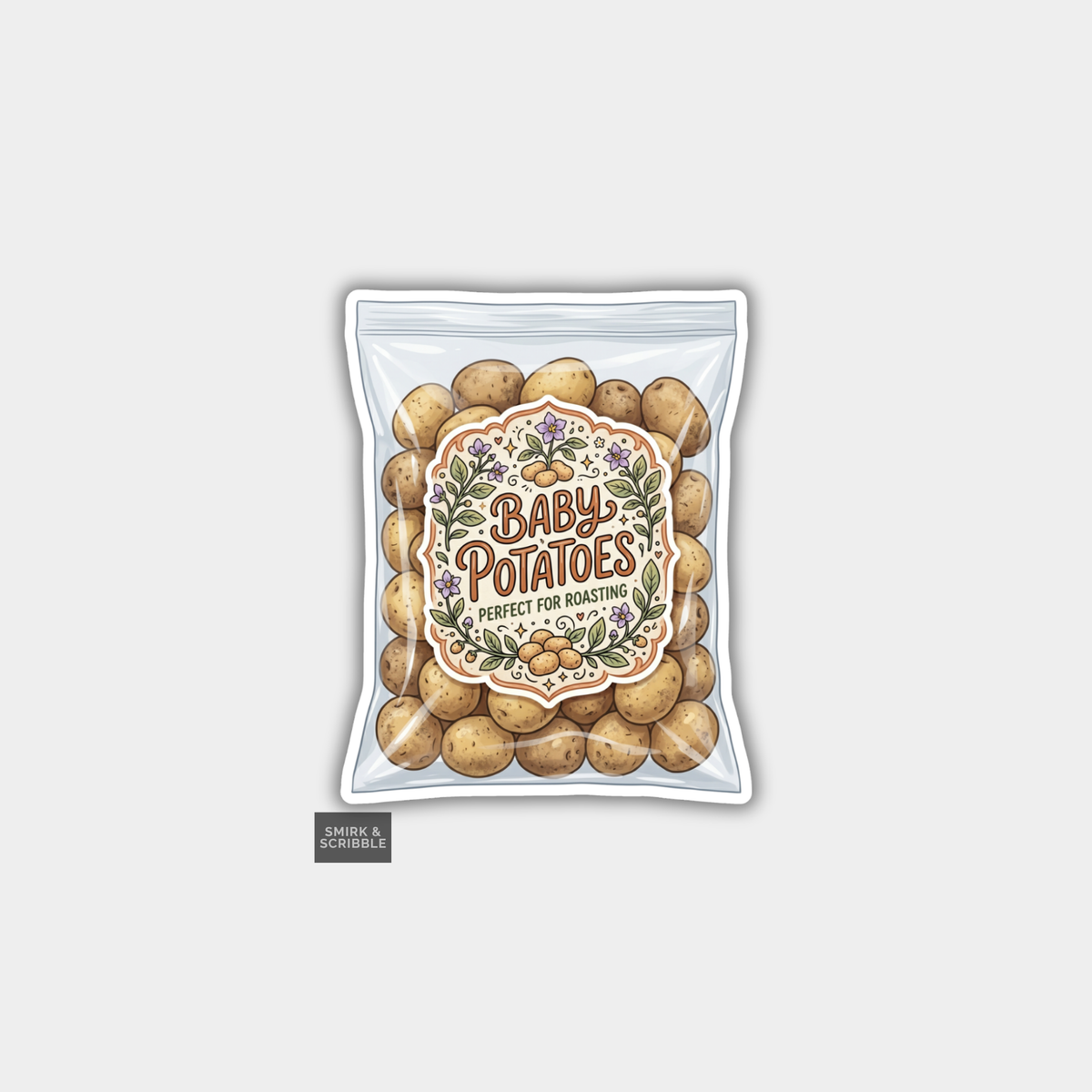 Packaged baby potatoes with a decorative label on a light gray background