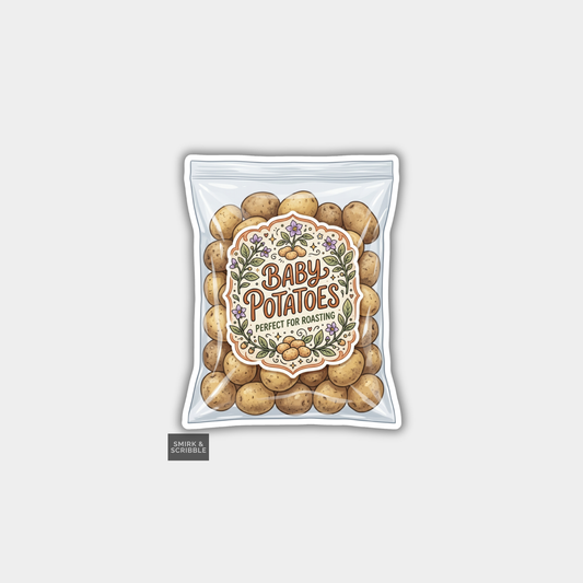 Packaged baby potatoes with a decorative label on a light gray background
