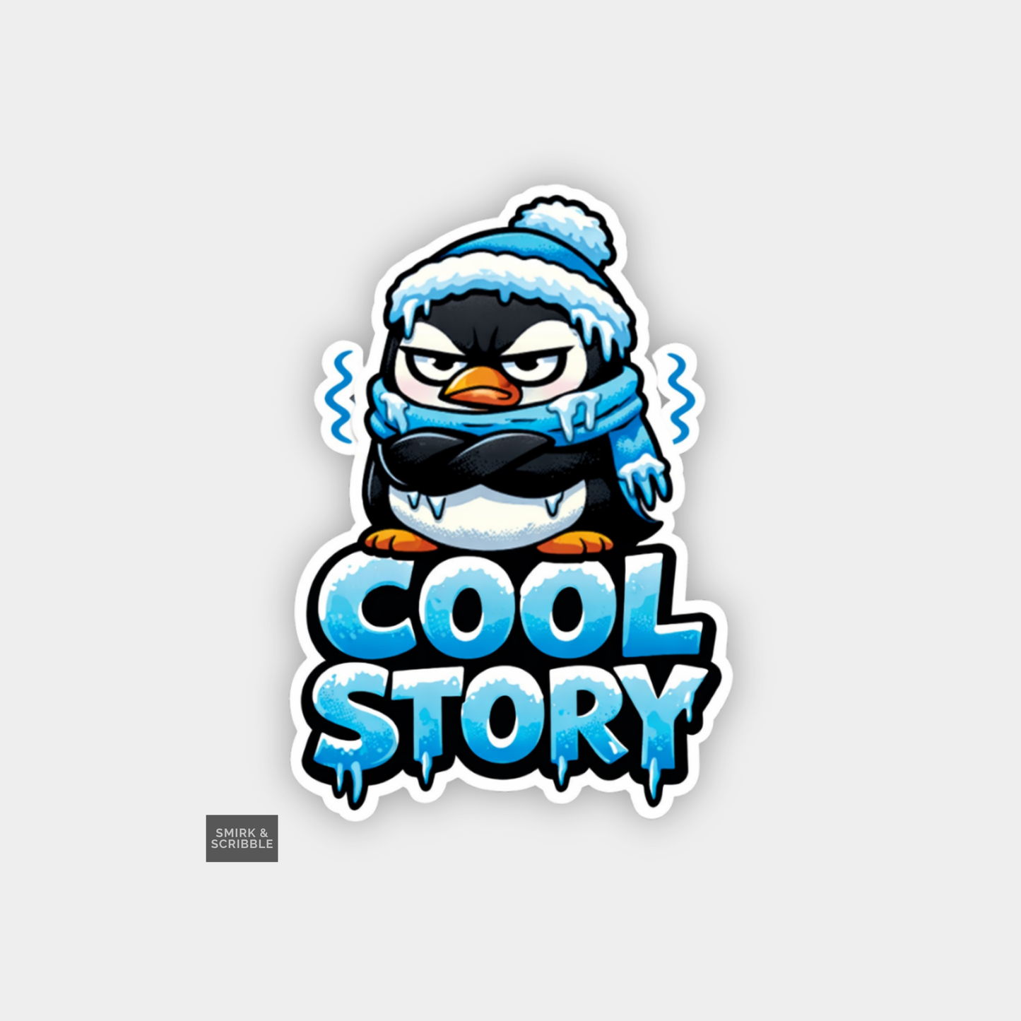 Sticker with a penguin wearing a winter hat and scarf, and the text 'Cool Story' on a light gray background.