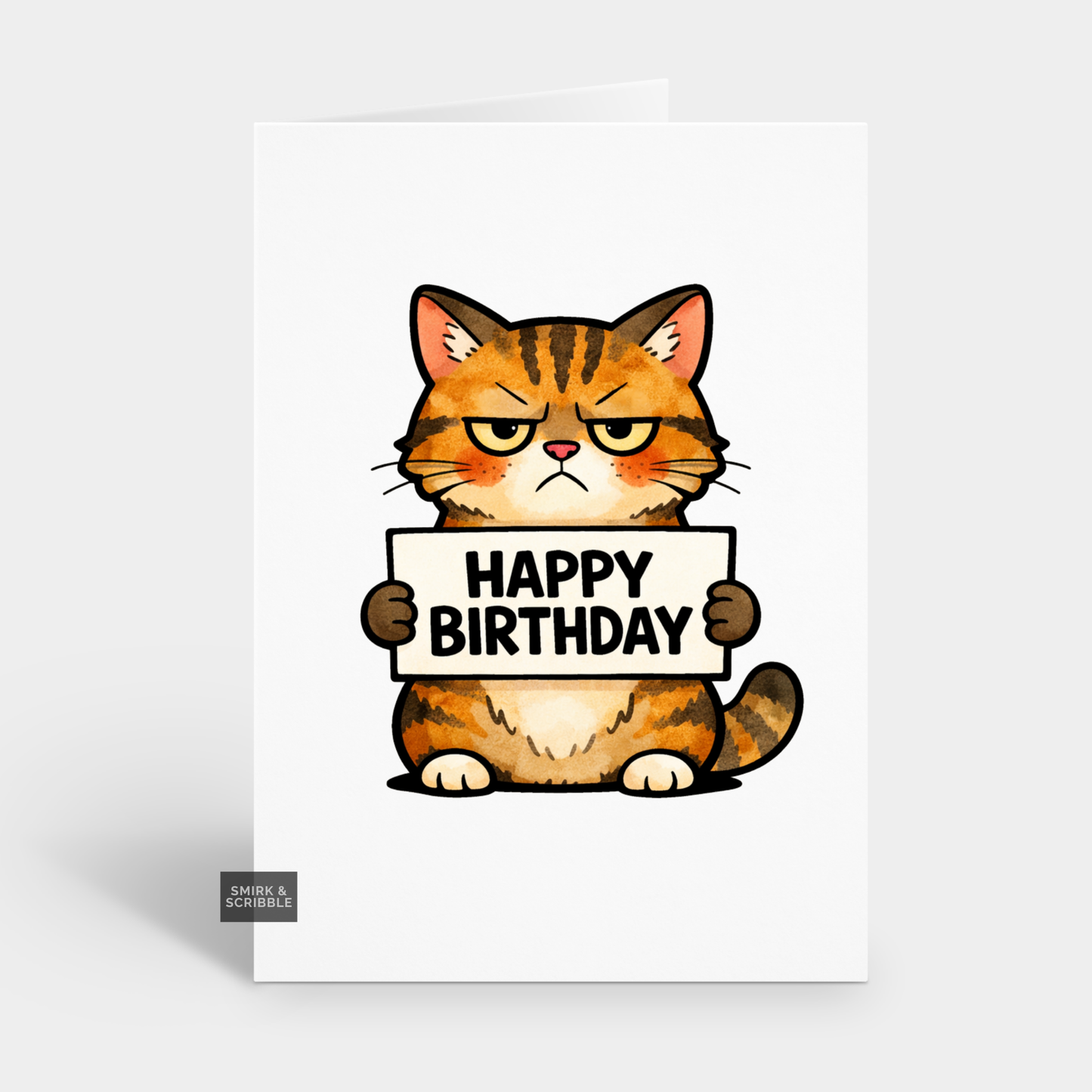 Cartoon cat holding a 'Happy Birthday' sign on a white background