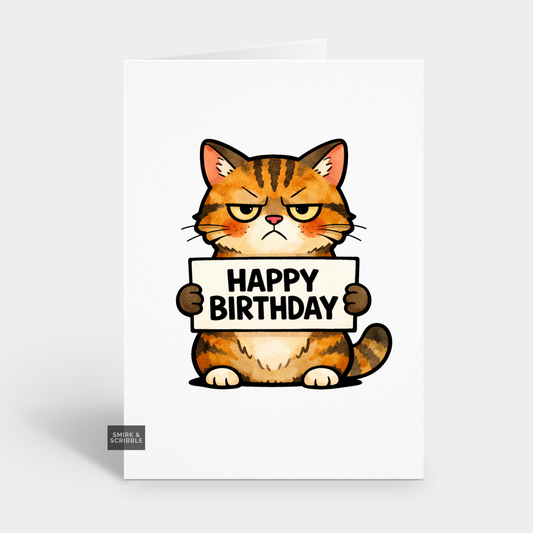Cartoon cat holding a 'Happy Birthday' sign on a white background