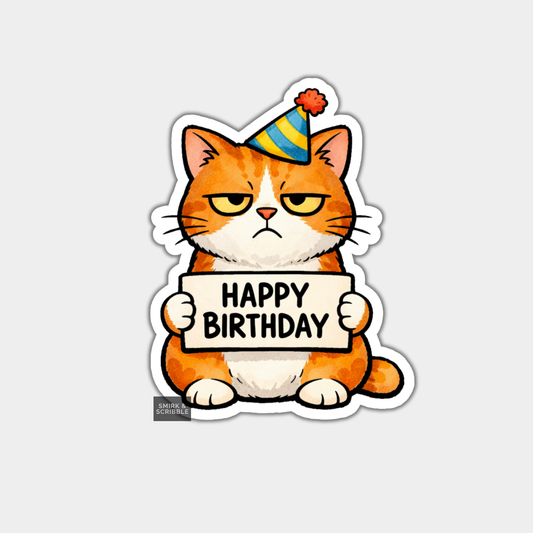 Cartoon cat wearing a party hat and holding a 'Happy Birthday' sign on a white background