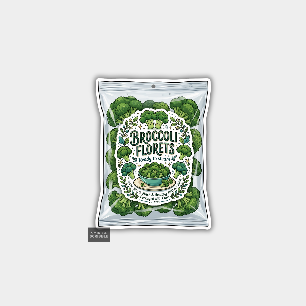 Packaging of broccoli florets with branding on a light gray background