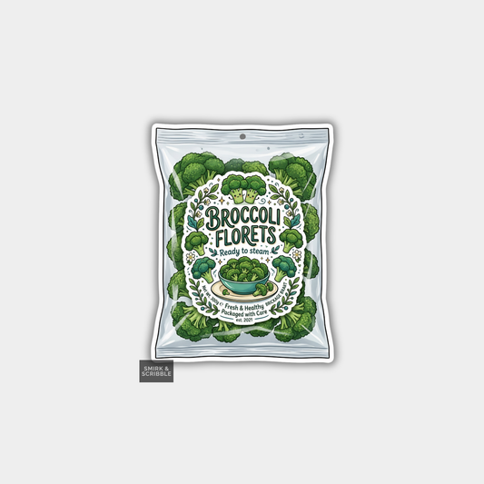 Packaging of broccoli florets with branding on a light gray background