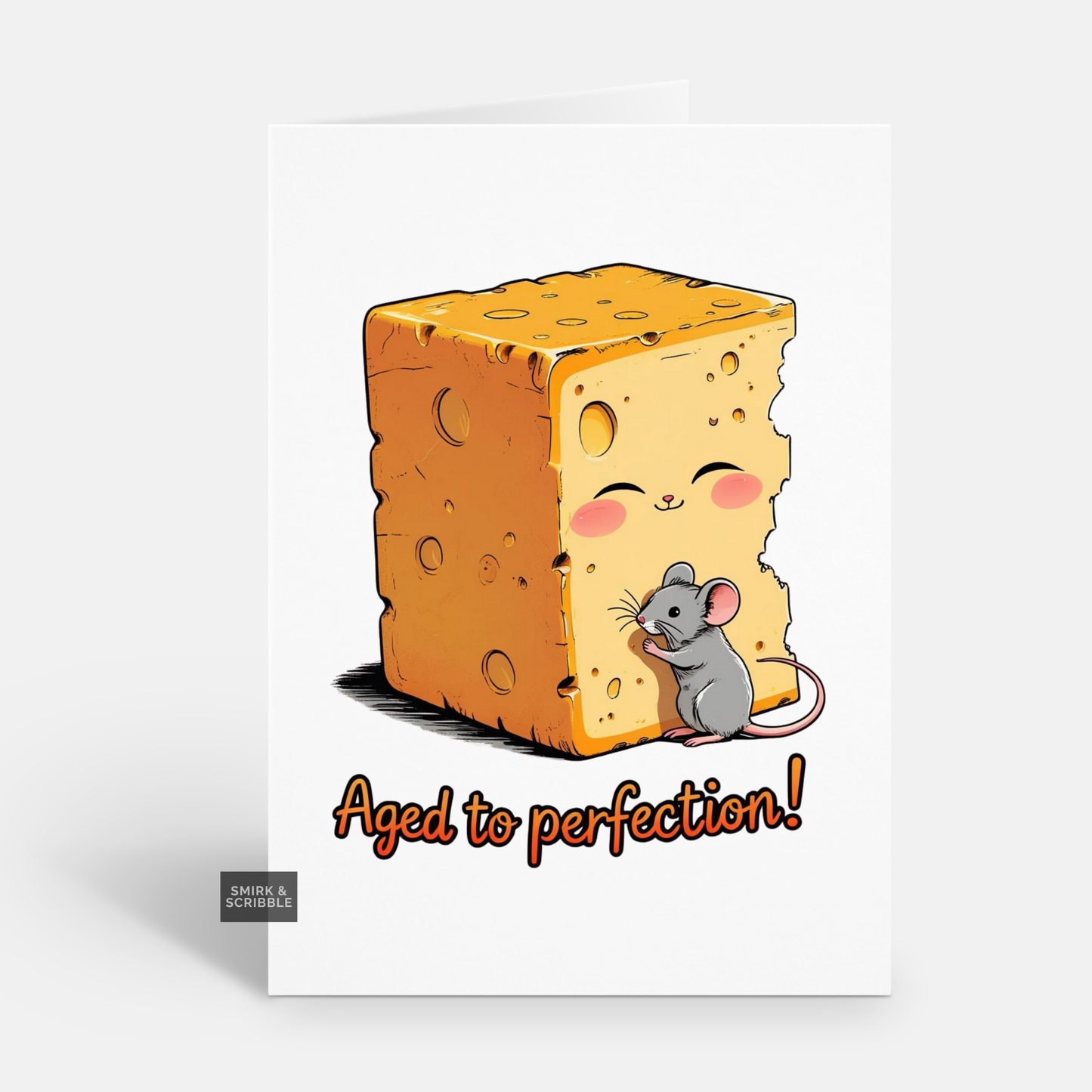 Cartoon mouse hugging a block of cheese with 'Aged to perfection!' text on a white background
