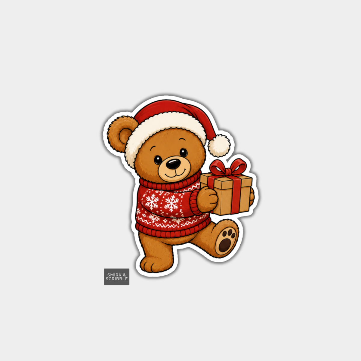 Funny Christmas Sticker - Cute Teddy Bear & Gift