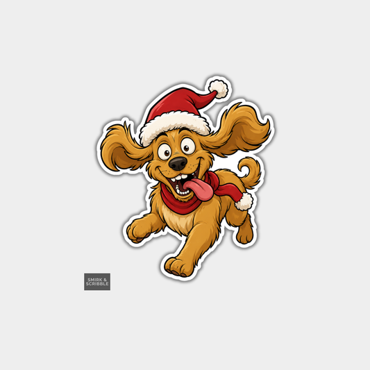 Funny Christmas Sticker - Happy Cute Dog Running