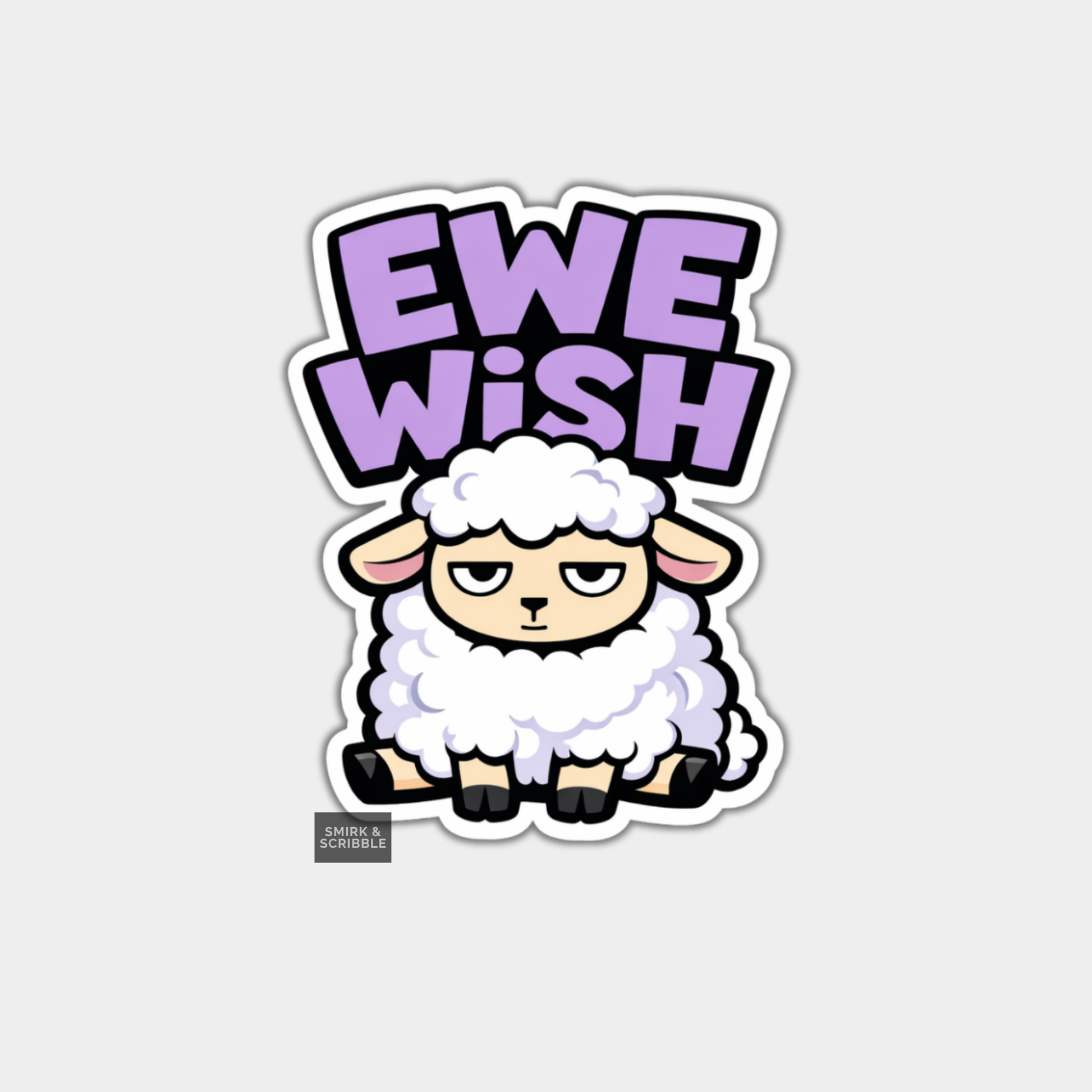 Sticker with a cartoon sheep and 'EWE WISH' text on a light gray background