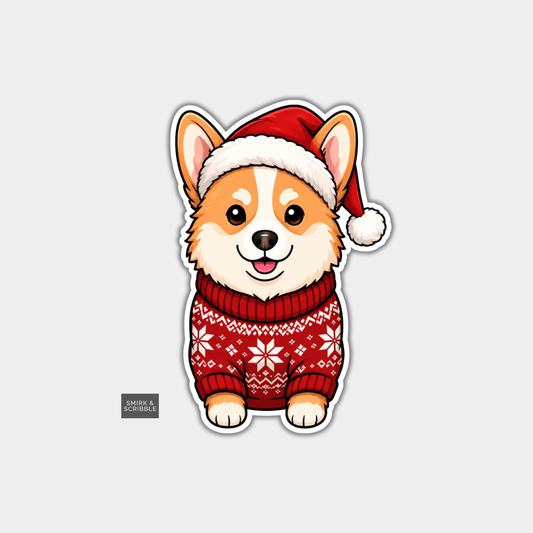 Funny Christmas Sticker - Cute Corgi In Santa Hat & Jumper