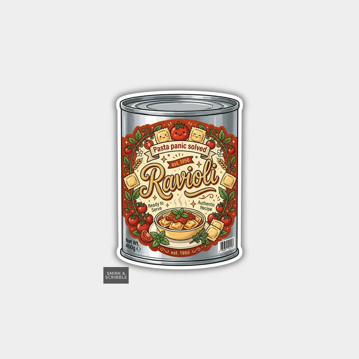Can of ravioli with decorative label on a light gray background