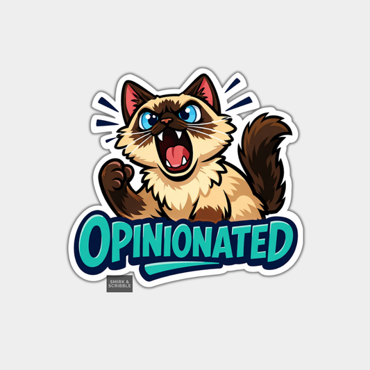 Sticker with a cartoon cat and 'Opinionated' text on a light gray background