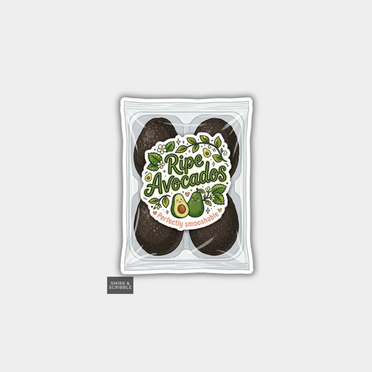 Packaged avocados with a 'Ripe Avocados' label on a white background