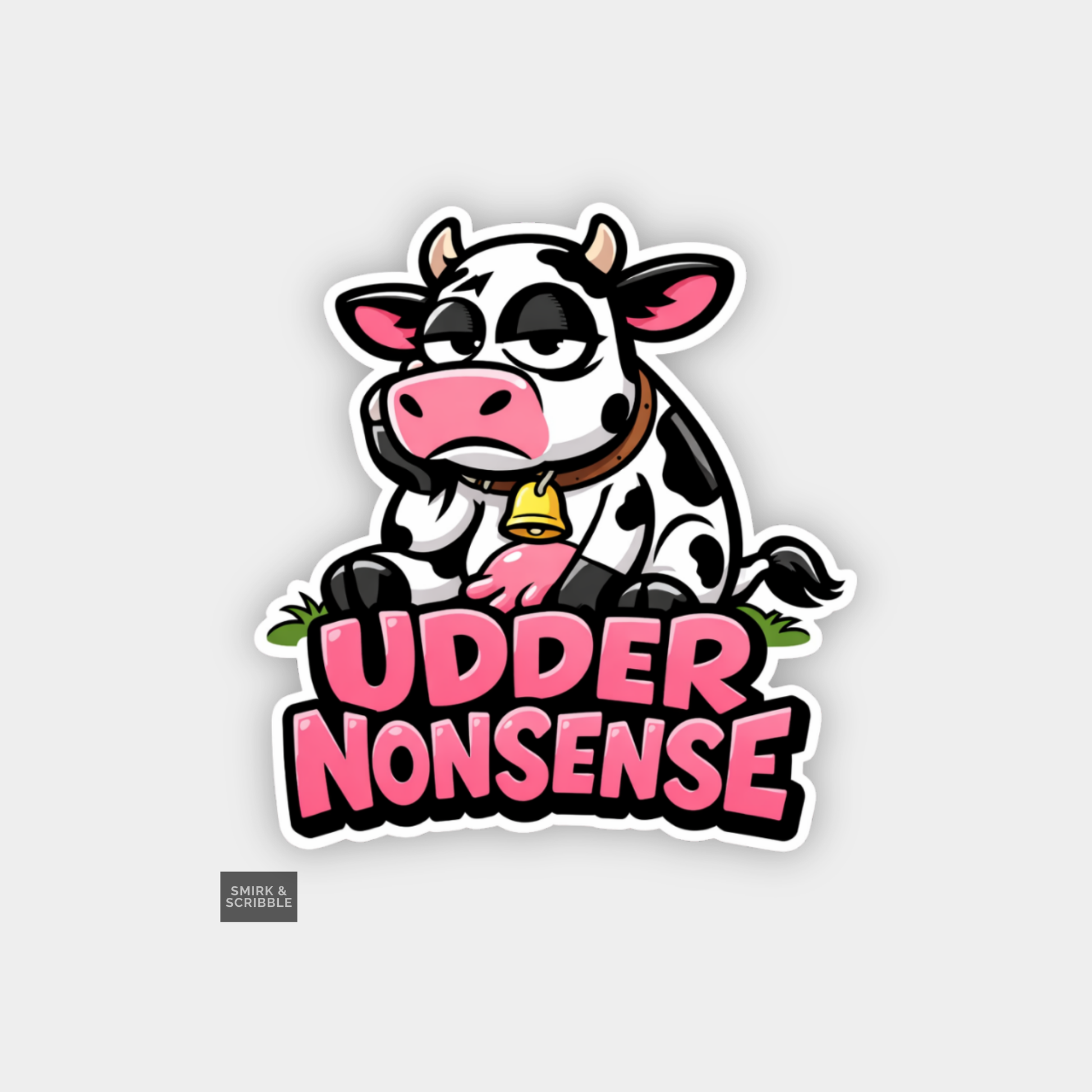 Cartoon cow with a bell and 'Udder Nonsense' text on a light gray background