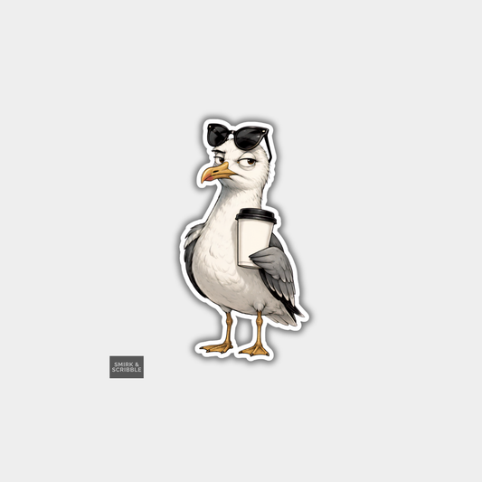 Funny Die Cut Vinyl Sticker - Seagull & Coffee