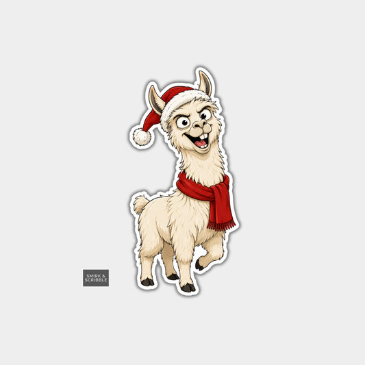 Funny Christmas Sticker - Cheeky Llama In Scarf & Hat