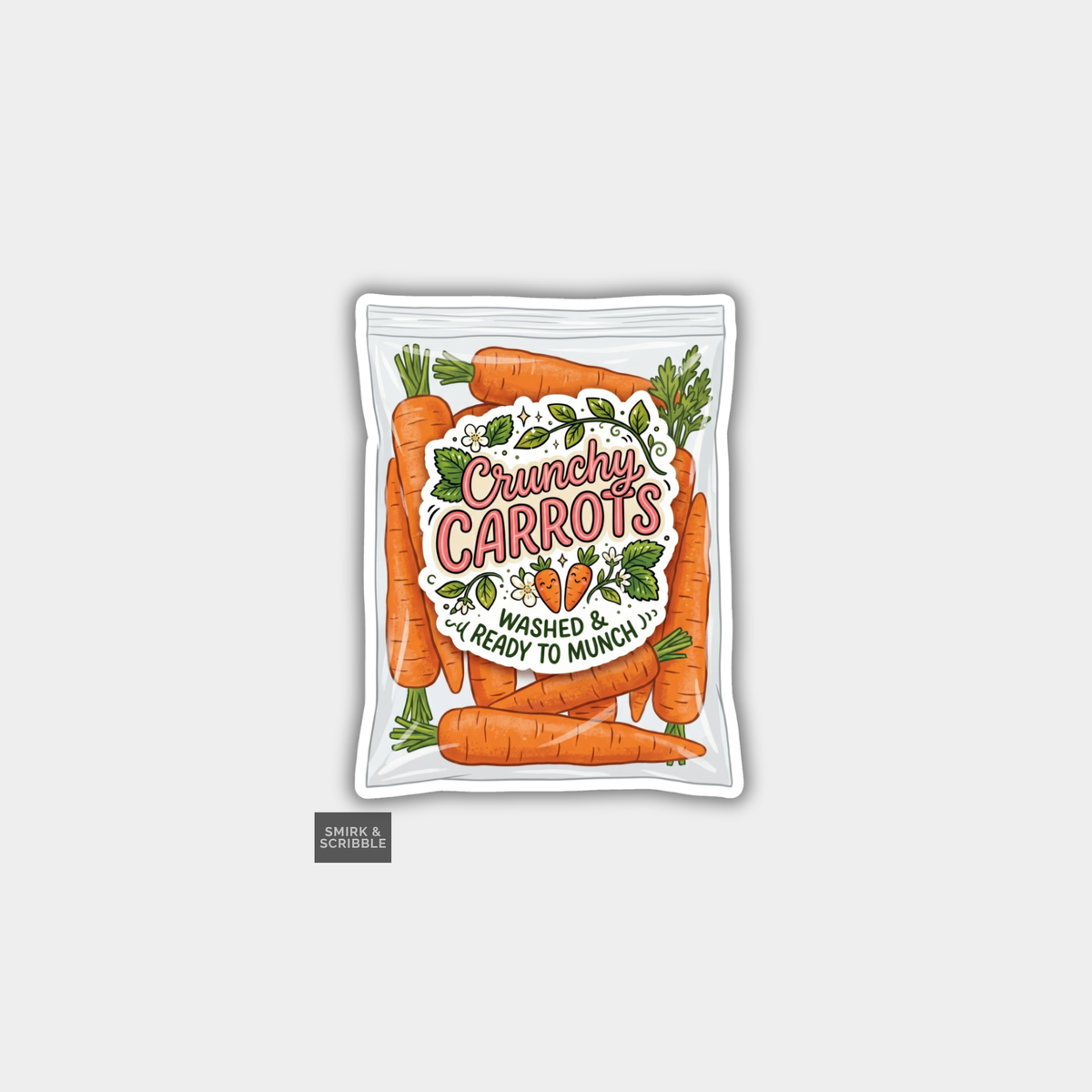 Packaged carrots with a colorful label on a light gray background