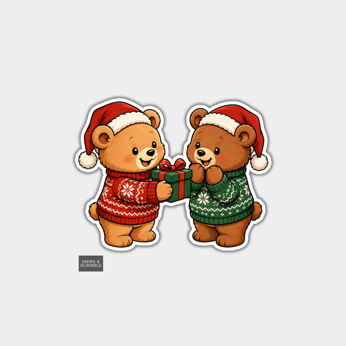 Funny Christmas Sticker - Cute Teddy Bear Friends & Gift