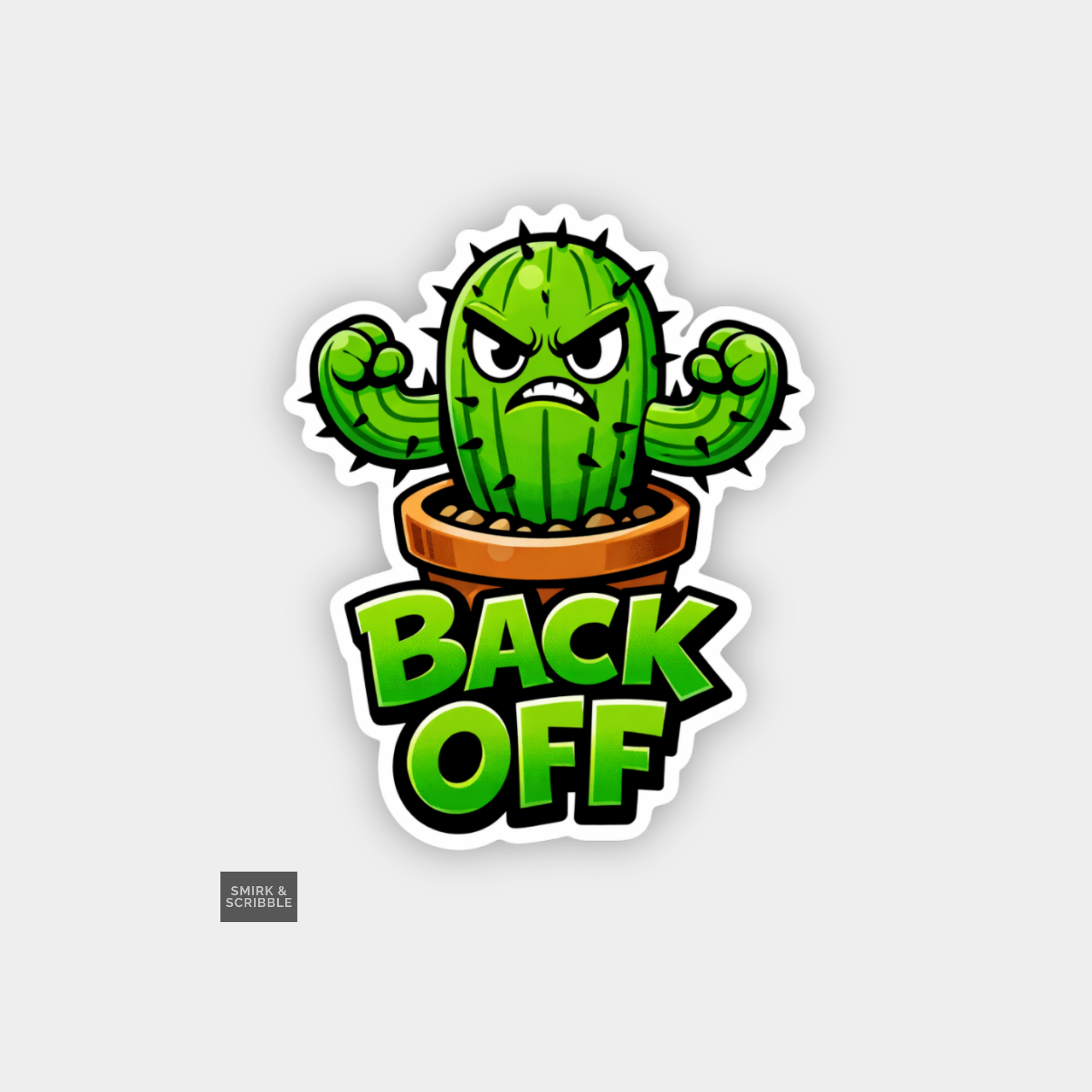 Cartoon cactus with flexed muscles and 'BACK OFF' text on a gray background