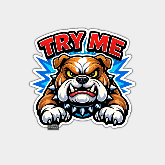 Sticker with a bulldog graphic and 'TRY ME' text on a light gray background
