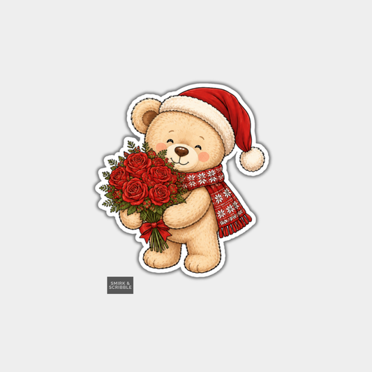 Funny Christmas Sticker - Cute Teddy Bear With Roses
