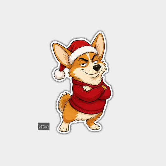 Funny Christmas Sticker - Judgy Corgi In Hat & Jumper