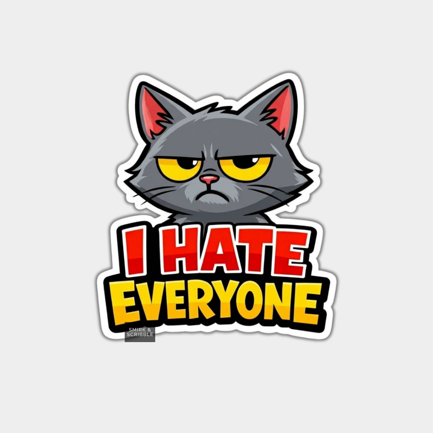 Sticker with a cat face and 'I HATE EVERYONE' text on a light gray background