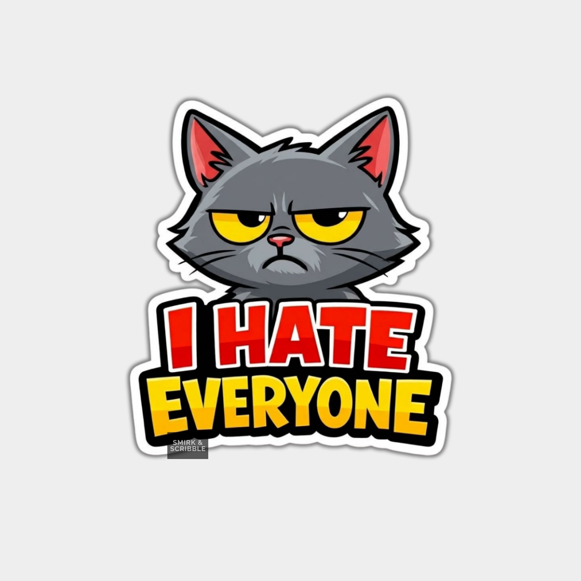 Sticker with a cat face and 'I HATE EVERYONE' text on a light gray background