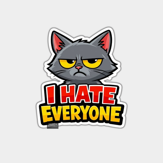 Sticker with a cat face and 'I HATE EVERYONE' text on a light gray background