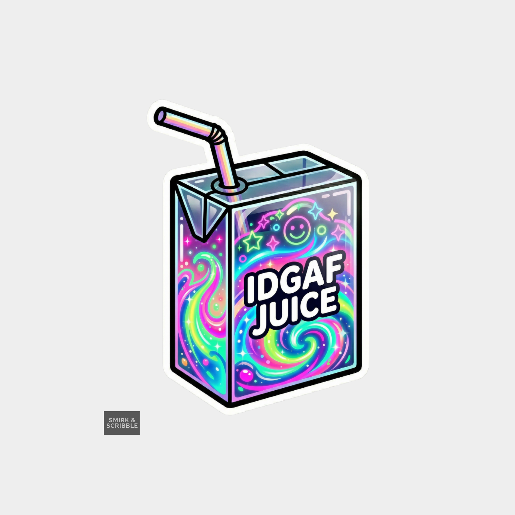 Colorful juice box with 'IDGAF Juice' text and a straw on a light gray background