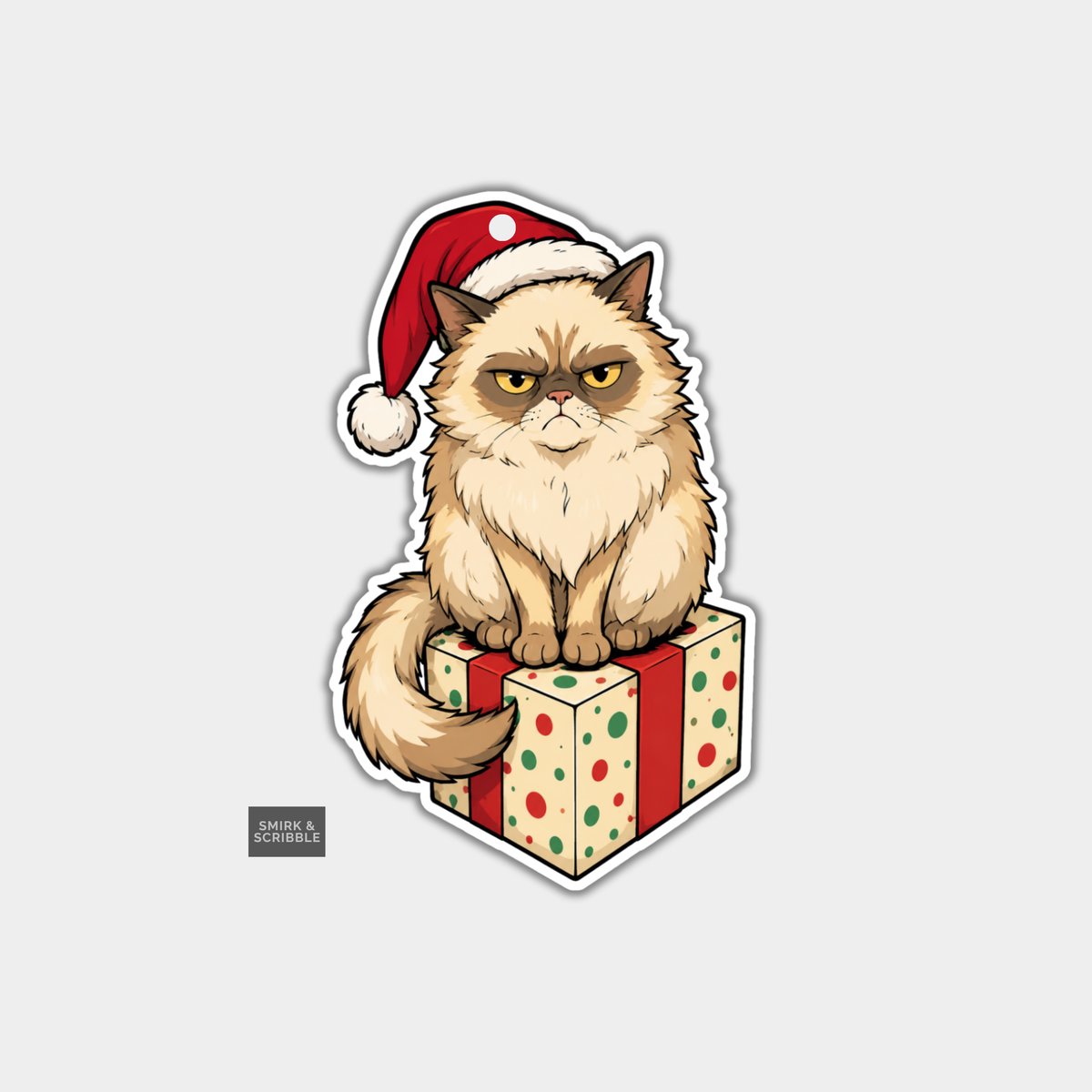 Funny Christmas Gift Tags - Grumpy Cat Sitting On Gift