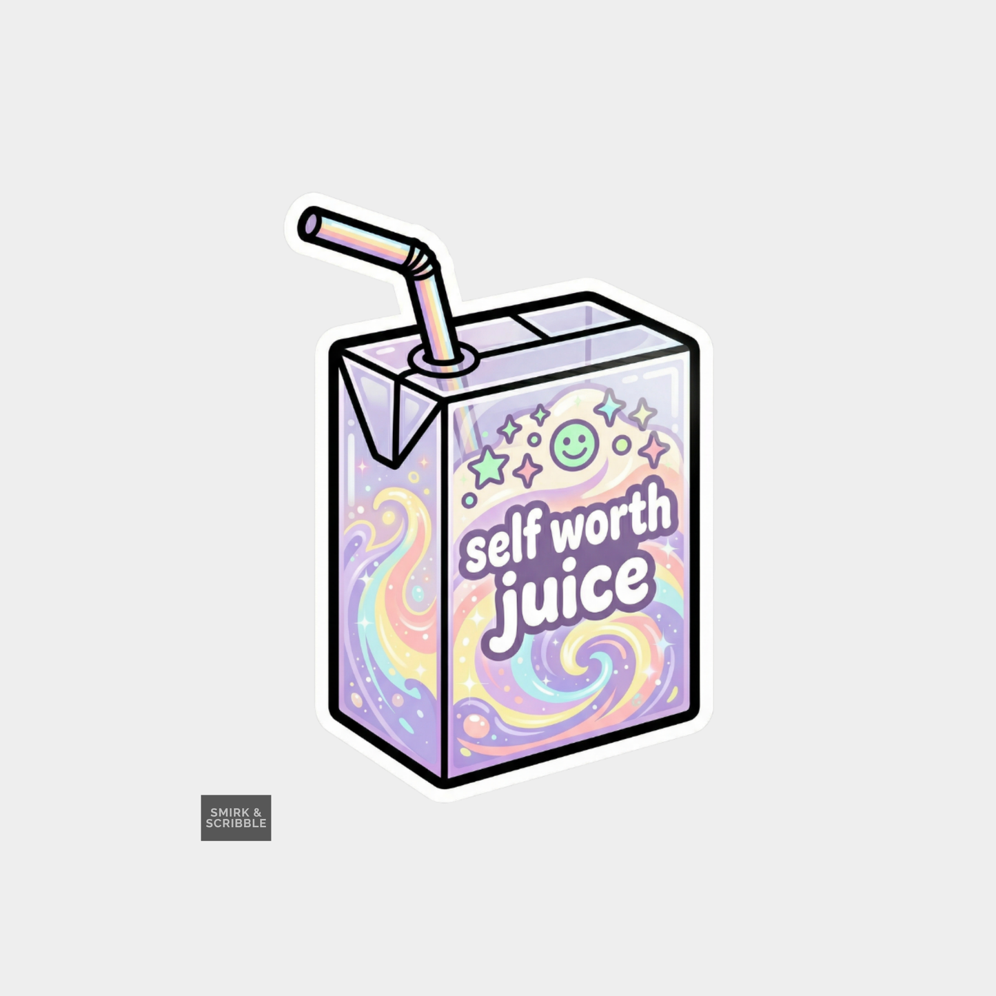 Carton of 'self worth juice' with colorful design and straw on a light purple background