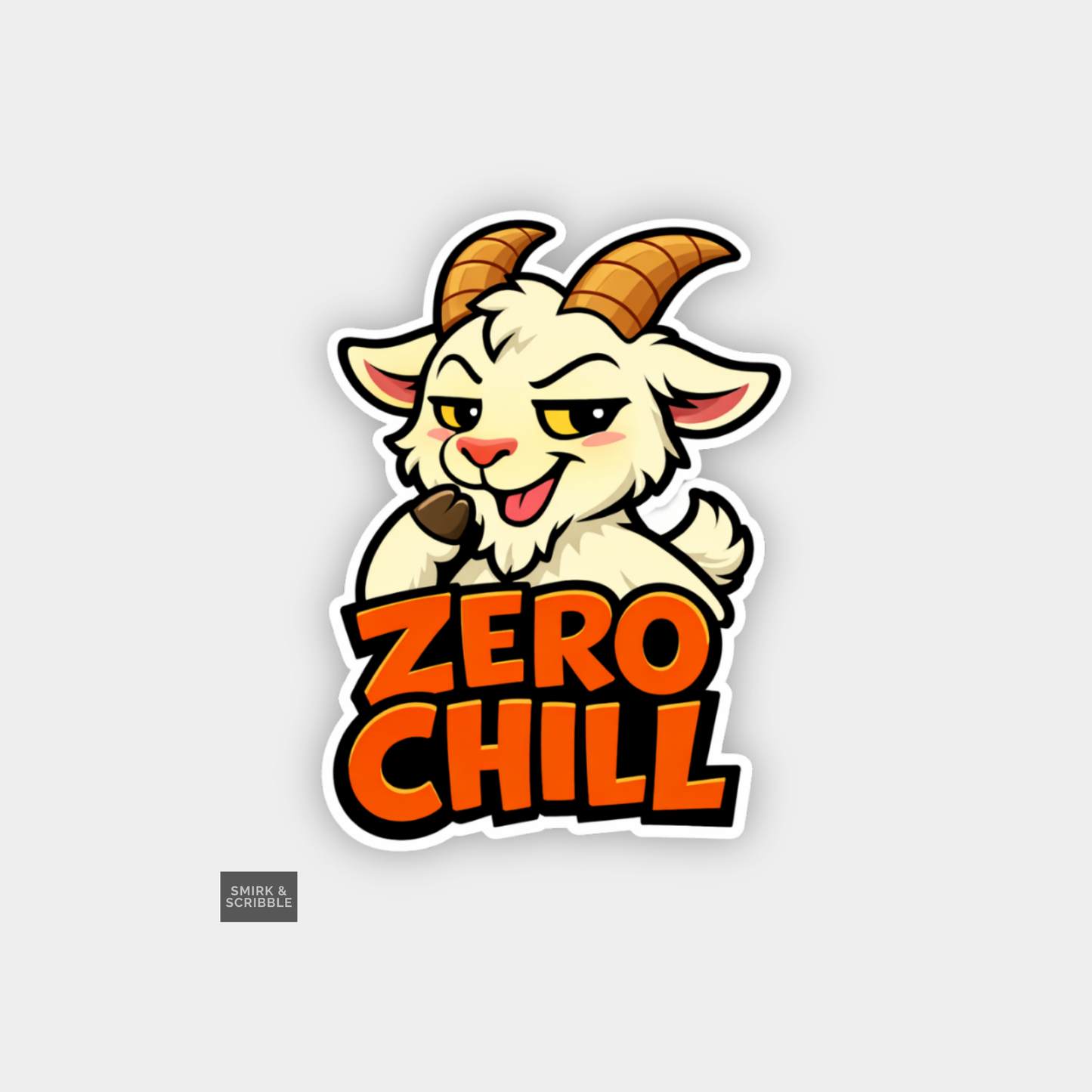 Sticker with a cartoon goat and 'Zero Chill' text on a light gray background