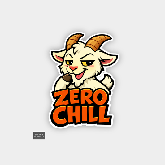 Sticker with a cartoon goat and 'Zero Chill' text on a light gray background