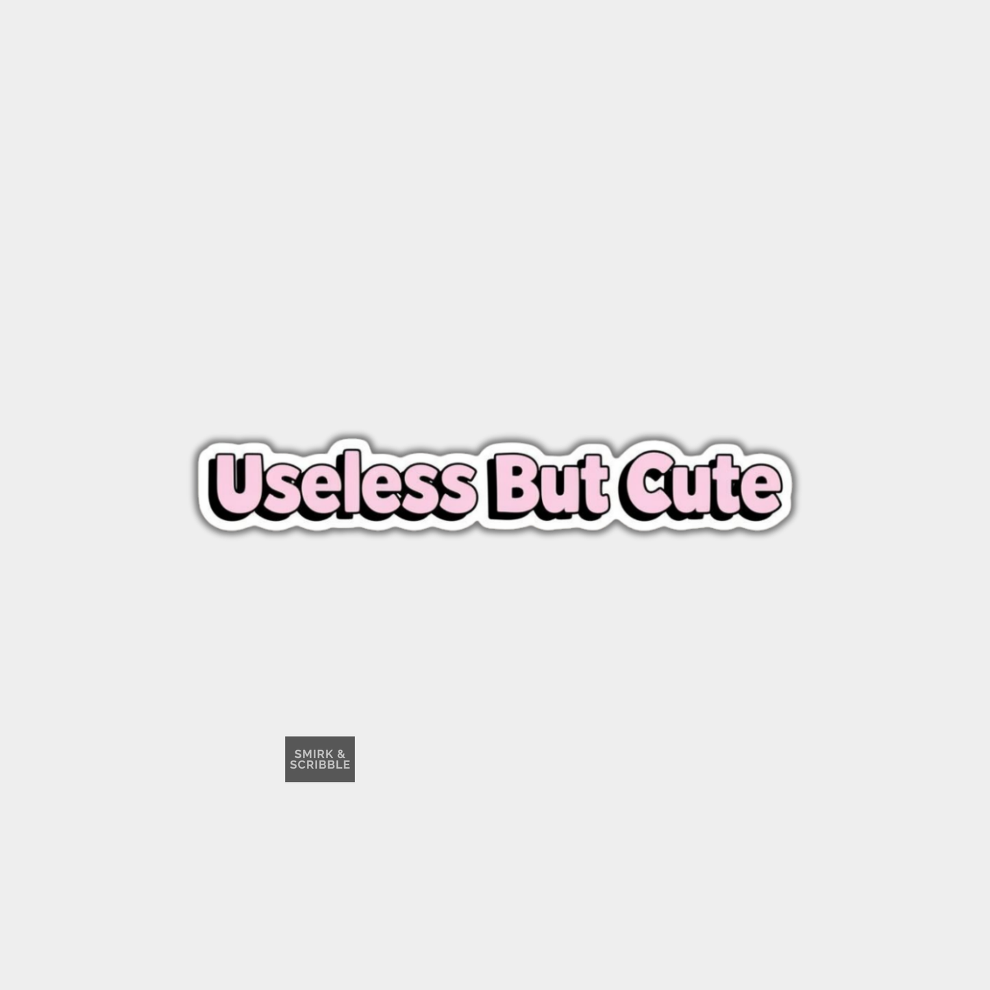 Text 'Useless But Cute' in pink on a white background with a small logo in the corner.