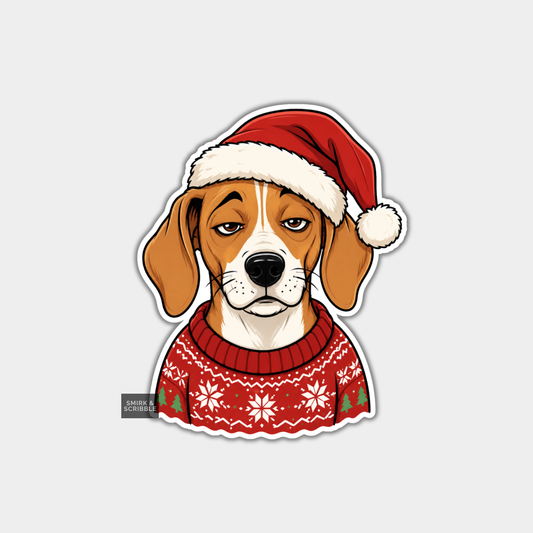 Funny Christmas Sticker - Unimpressed Dog In Santa Hat
