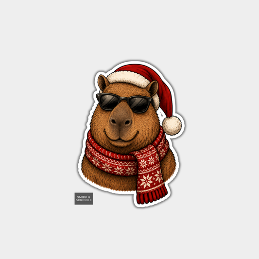 Funny Christmas Sticker - Happy Capybara In Sunglasses