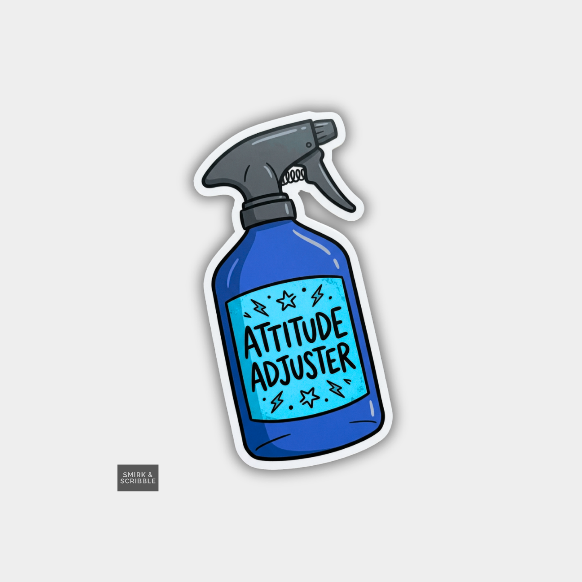 Sticker of a blue spray bottle labeled 'Attitude Adjuster' on a gray background