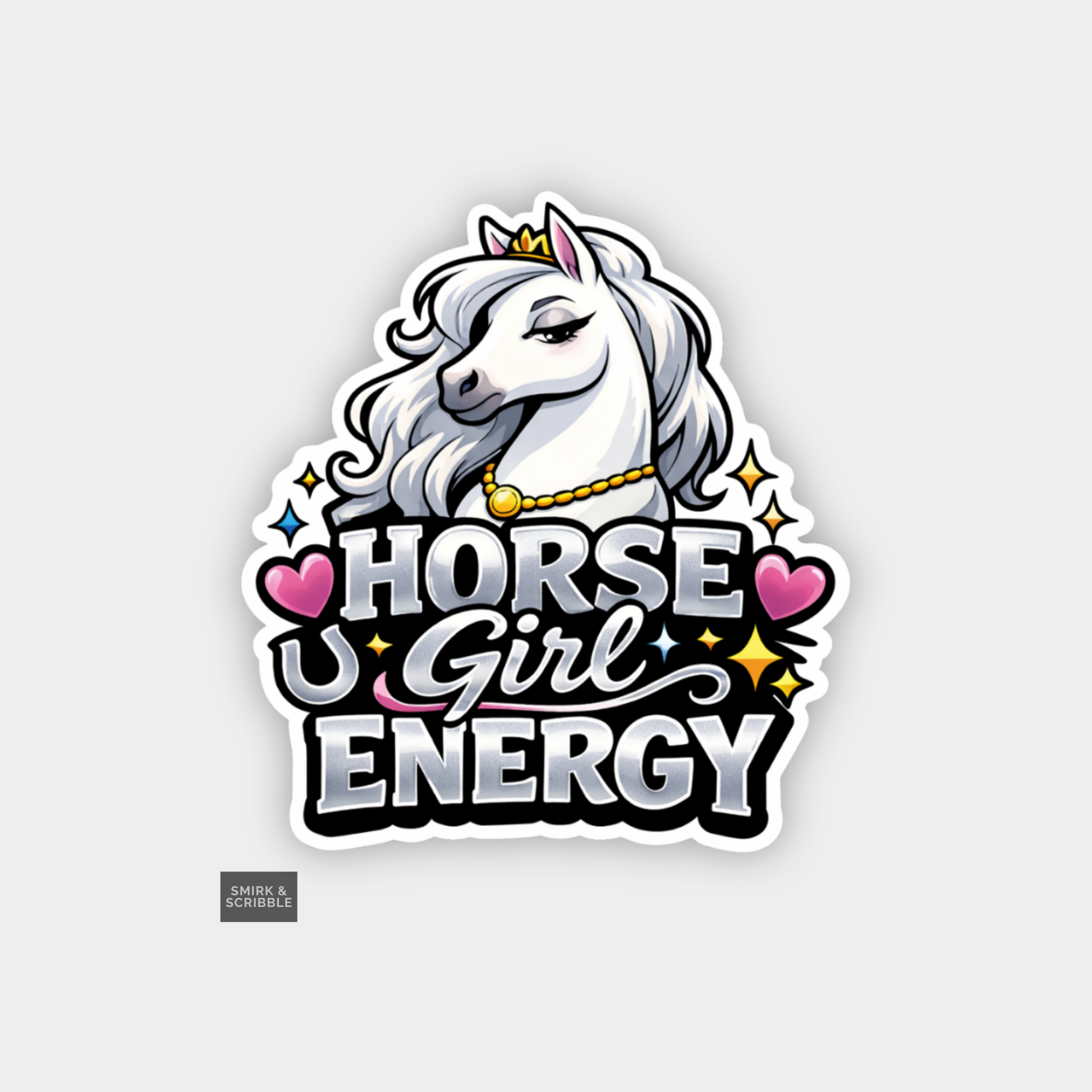 Sticker with a unicorn design and 'Horse Girl Energy' text on a light gray background