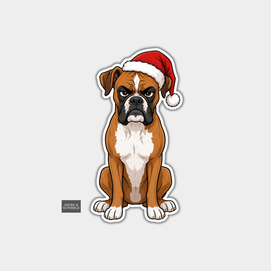 Funny Christmas Sticker - Grumpy Boxer Dog With Hat