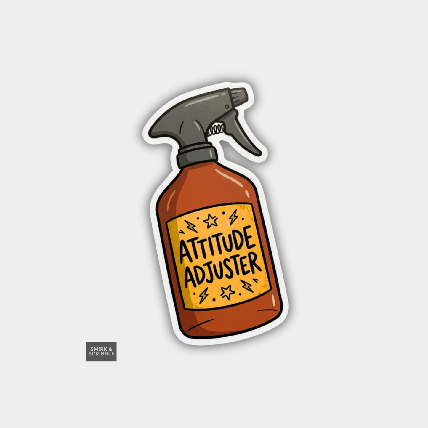 Sticker of a spray bottle labeled 'Attitude Adjuster' on a light gray background