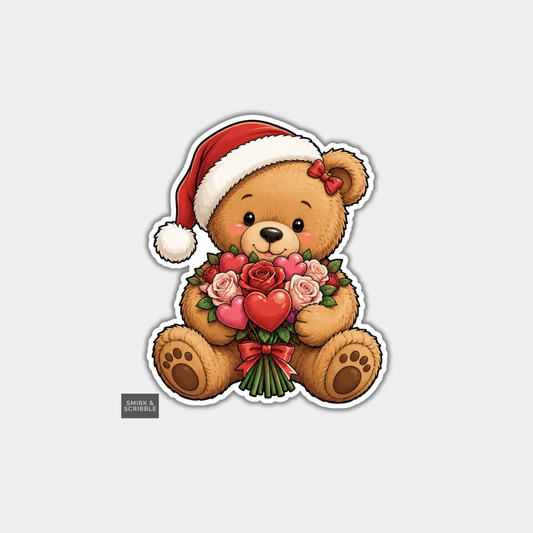 Funny Christmas Sticker - Cute Teddy Bear Holding Flowers