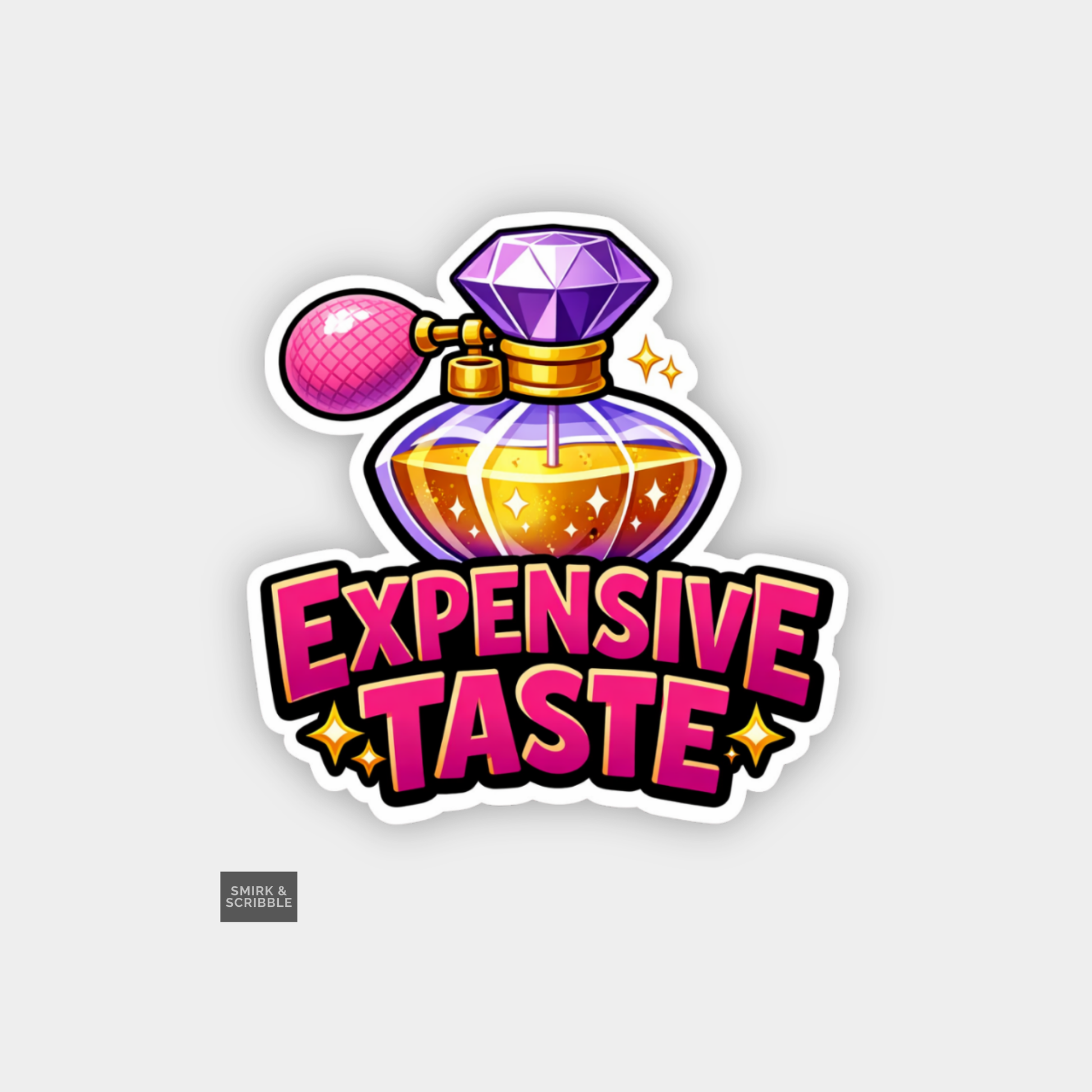 Sticker with a colorful perfume bottle and 'Expensive Taste' text on a light gray background