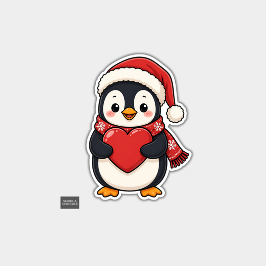 Funny Christmas Sticker - Cute Penguin Holding Love Heart